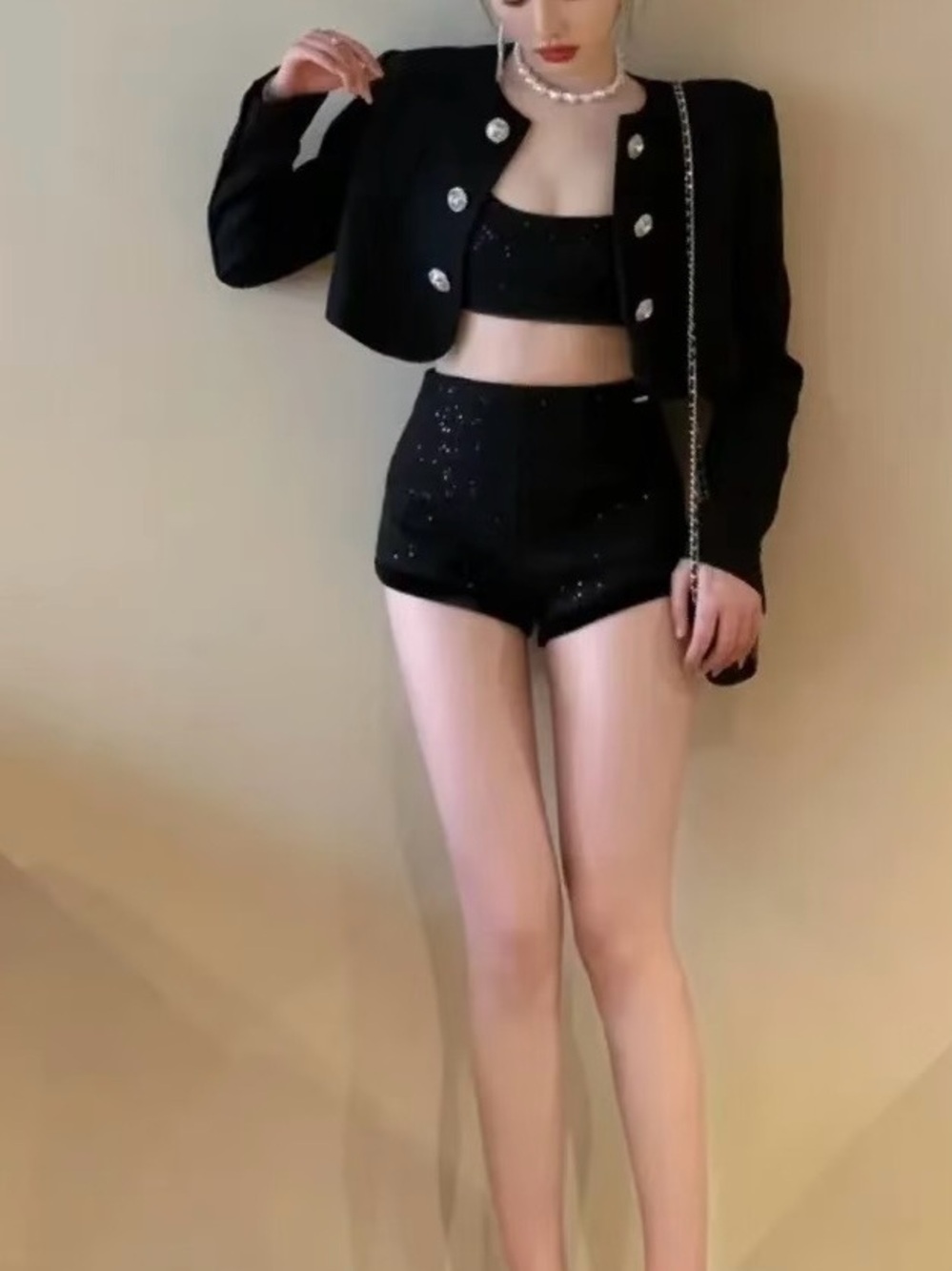 Taglioni Black Sequin Bralette & High-Waist Short Set - (Short+Top) No Jacket